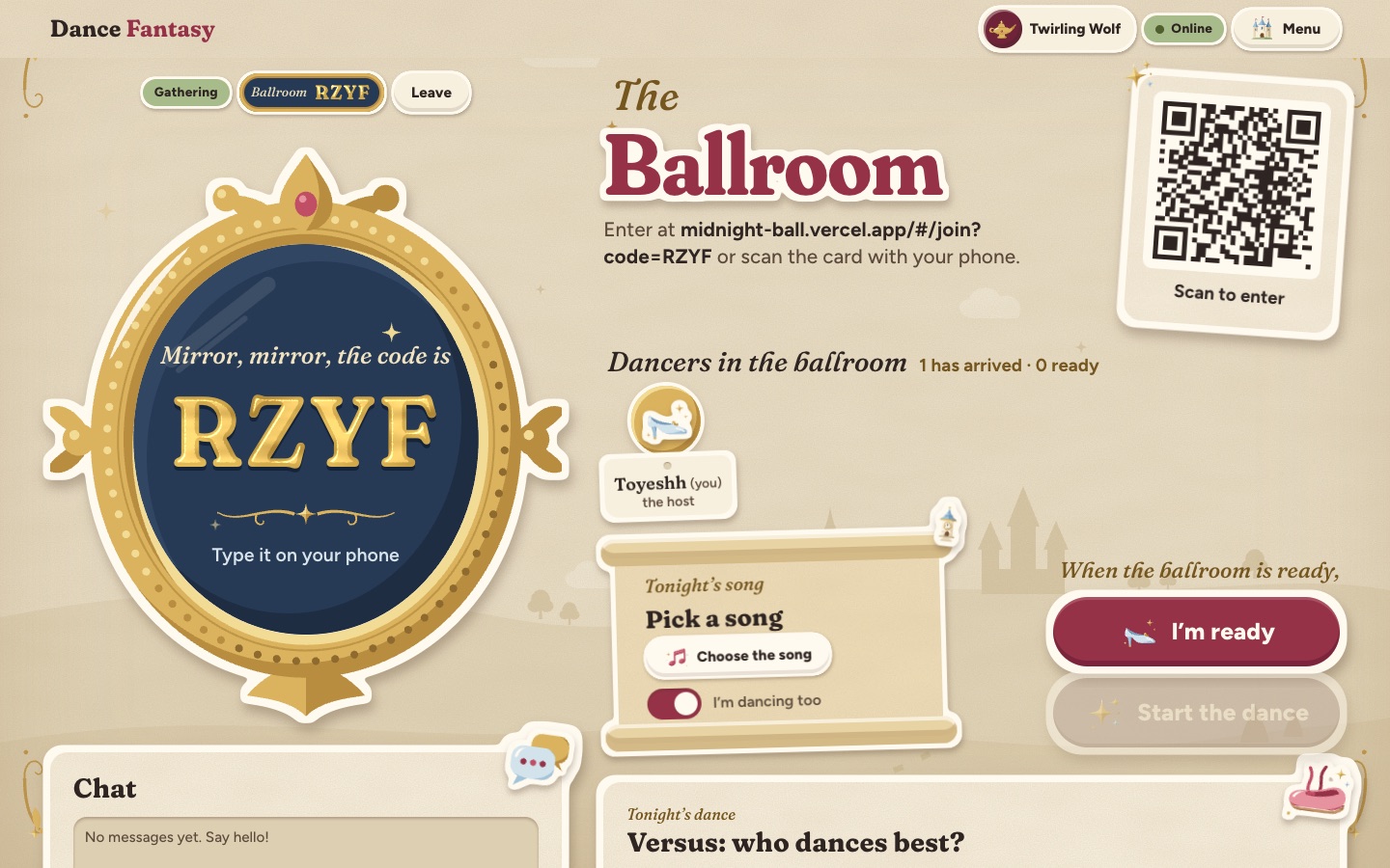 An online ballroom lobby: the room code in a magic mirror, a QR code to join, and the dancers who have arrived