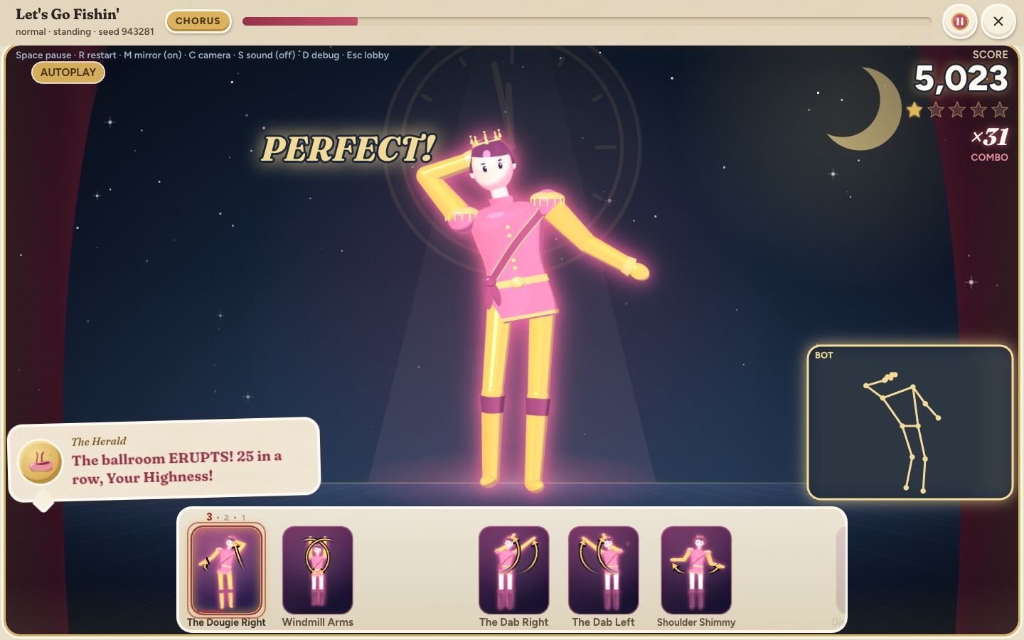 A round in progress: the 3D prince dances, the Royal Herald cheers a 25-beat streak, and the next moves slide in
